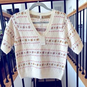 NWT ROOLEE Wishlist Brand Small Short Sleeve Sweater w Pink Velvet Ribbon